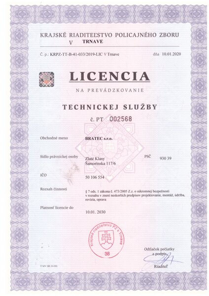 Licencia na prevádzkovanie Technickej Služby